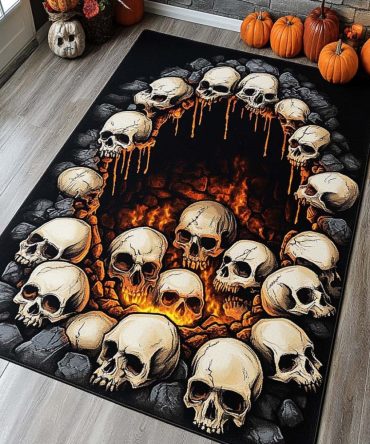 Bold Hellfire Skulls Gothic Area Rug — Fiery Skull Motif Indoor Rug, Low-Pile Statement Carpet For Rock Rooms & Alternative Decor