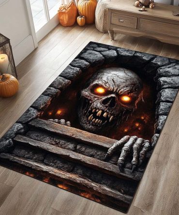 Hellgate Glow Neon Gothic Area Rug — Luminous Dark Fantasy Indoor Rug, Low-Pile Eye-Catching Accent For Game Rooms & Studios