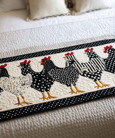 Hen House Harmony — Farmhouse Quilted Bed Runner & Decorative Bed Scarf With Chicken Motif, Soft Cotton Blend, Machine-Washable