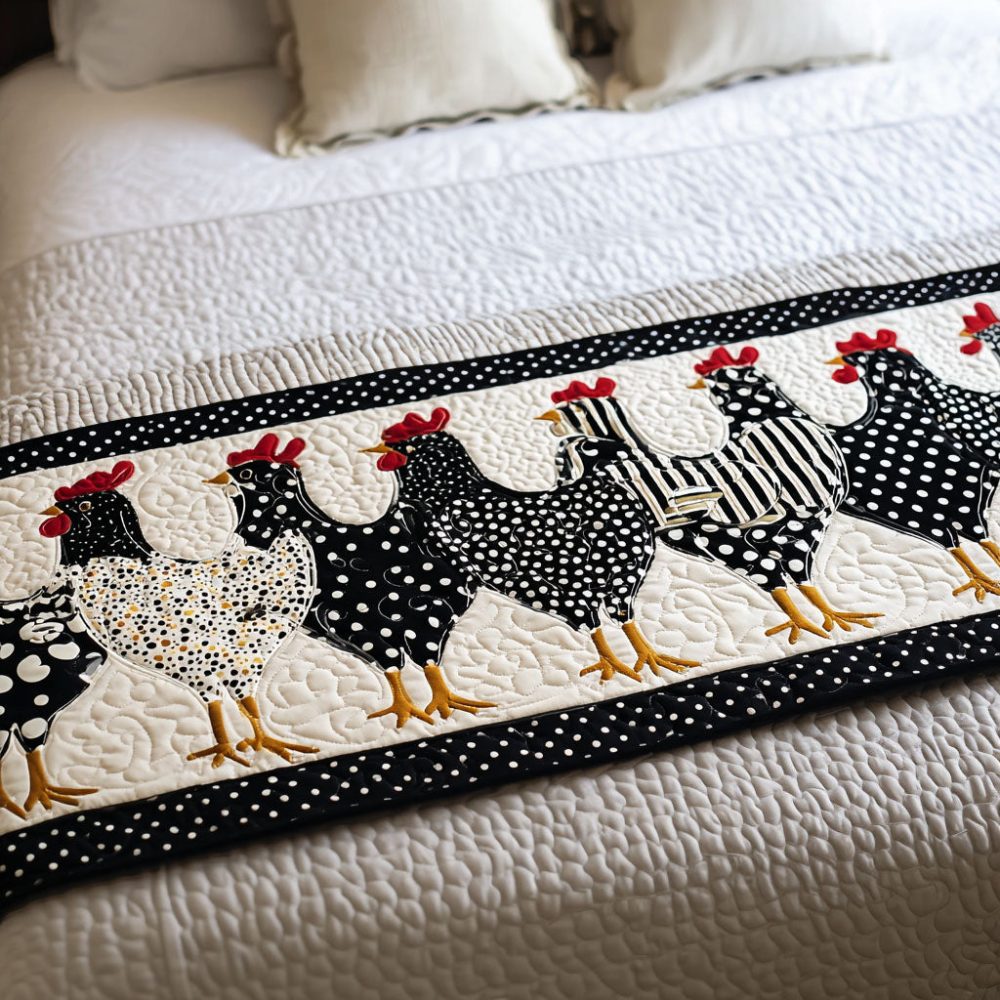 Hen House Harmony — Farmhouse Quilted Bed Runner & Decorative Bed Scarf With Chicken Motif, Soft Cotton Blend, Machine-Washable