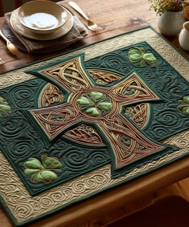 Heritage Celtic Cross Quilted Placemat — Elegant Irish Cross Table Mat, Symbolic Religious Home Décor, Cotton-Blend, Machine Washable Gift