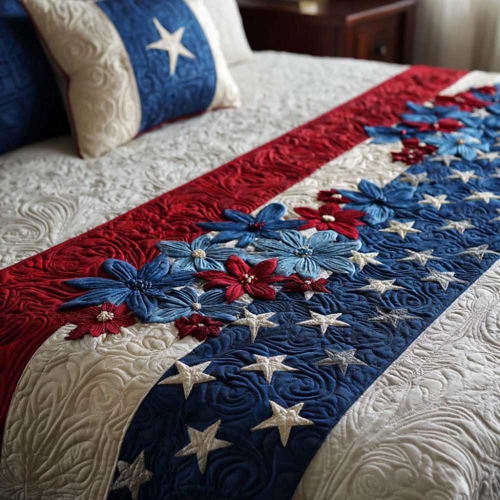 Heritage Blossom Quilted Bed Scarf — Classic Floral Americana Accent For Timeless Bedrooms, Lightweight And Layerable