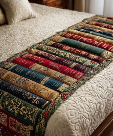 Heritage Library Quilted Bed Runner — Vintage Leather-Bound Print Decorative Bed Scarf, Classic Quilted Accent For Study, Guest & Master Bedrooms