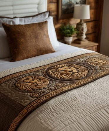 Heritage Of The Gods Quilted Bed Runner — Mythic Tapestry-Style Decorative Bed Scarf For Boho & Eclectic Bedrooms, Reversible