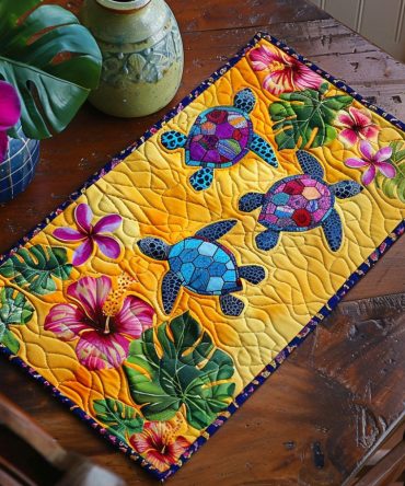 Hibiscus & Turtle Quilted Placemat — Tropical Sea Life Table Mat, Floral Turtle Dining Decor, Coastal Kitchen Accent, Machine-Washable