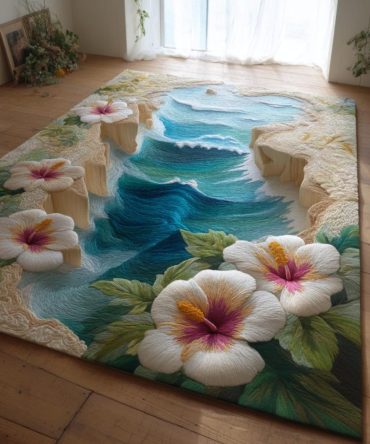 Hibiscus Grace Floral Area Rug — Elegant Tropical Design, Fade-Resistant Low-Pile Rug For Sophisticated Coastal & Boho Interiors