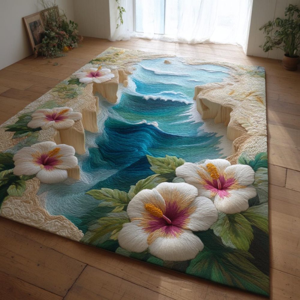 Hibiscus Grace Floral Area Rug — Elegant Tropical Design, Fade-Resistant Low-Pile Rug For Sophisticated Coastal & Boho Interiors