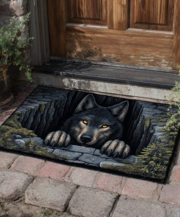 Hidden Wolf Lair Designer Doormat — Bold Wildlife Welcome Mat, Durable Indoor/Outdoor Entry Rug With Rustic Forest Vibe For Homes & Cabins