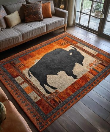 Highland Bison Area Rug — Rustic Western Accent Rug With Bison Motif For Cabin, Entryway & Living Room With Durable Soft Pile