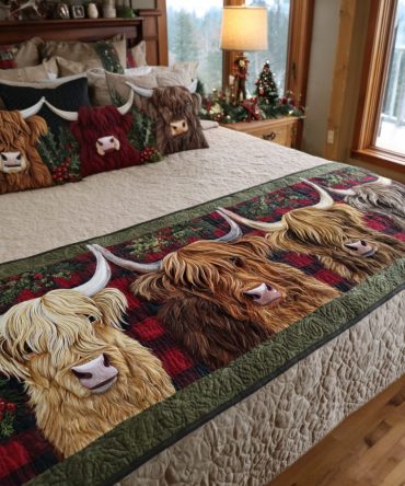 Highland Christmas Peace Quilted Bed Runner - Elegant Tartan & Nature Motif, Reversible Cozy Accent For Queen/King Beds, Easy Care