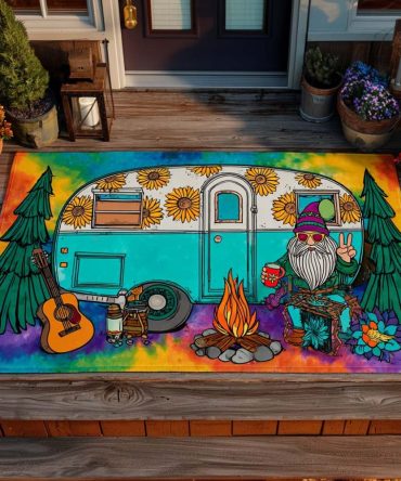 Hippie Camper Vibes Welcome Mat – Boho Retro Van Doormat, Durable Outdoor Porch Rug With Peaceful Free-Spirited Design