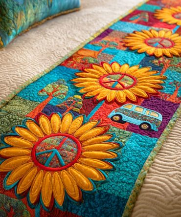 Hippie Harmony Quilted Bed Runner – Bohemian Accent Scarf For Beds & Sofas , Cozy Quilted Throw For Eclectic Bedrooms