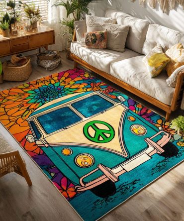 Hippie Ride Retro Van Rug – Bold Bohemian Area Rug Featuring Vibrant Graphics, Low-Pile Comfort And Easy-Care Fibers For Playrooms