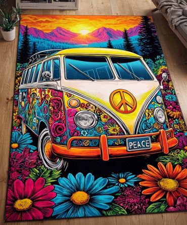 Hippie Van Mountain Scenic Rug – Mountain Landscape Area Rug With Retro Van Motif, Plush Low-Pile Comfort And Stain-Resistant Finish