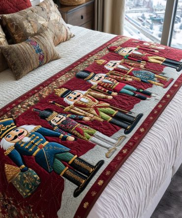 Holiday Guard Quilted Bed Scarf — Stately Festive Bed Runner For Classic Seasonal Bedding & Elegant Winter Decor