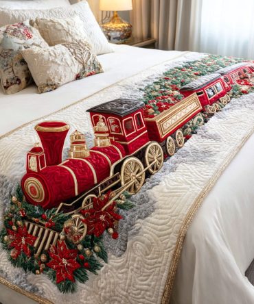 Holiday Steam Engine Quilted Bed Runner — Vintage Train Motif Festive Runner For Holiday Bedrooms, Cozy Quilting For Seasonal Charm & Gift Giving