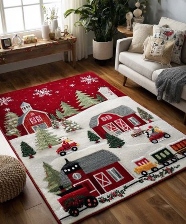 Holiday Barn Festive Rug – Rustic Christmas Area Rug With Cozy Barn Scene, Durable Low-Pile Construction For Entryways & Living Rooms