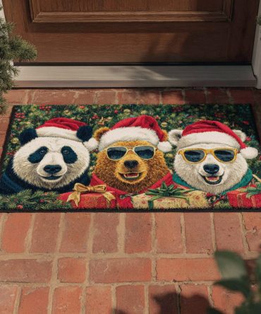 Holiday Bear Trio Welcome Mat - Festive Outdoor Front Door Rug With Three Holiday Bears, Durable Non-Slip Seasonal Porch Mat