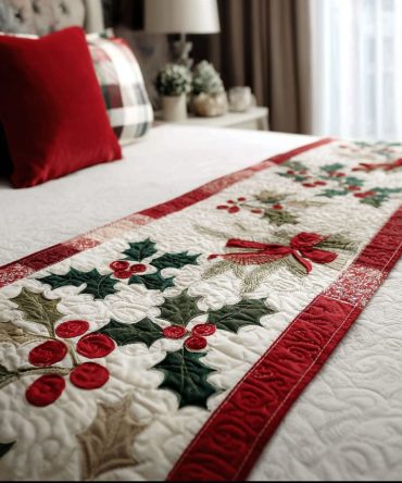 Holiday Berry Bloom Quilted Bed Scarf — Vibrant Berry & Floral Christmas Runner, Reversible Festive Bedding Accent For Seasonal Cheer
