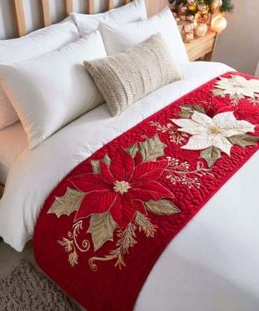 Holiday Bloom Quilted Bed Runner , Festive Floral Accent For Seasonal Bedding, Queen & King, Reversible, Machine-Washable