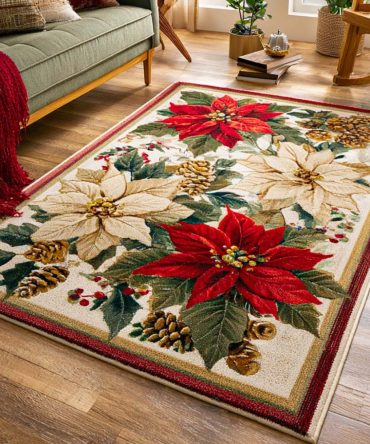 Holiday Blooms Floral Rug – Festive Seasonal Area Rug With Vibrant Poinsettia & Bloom Design, Soft Pile And Easy-Care Fibers For Family Rooms