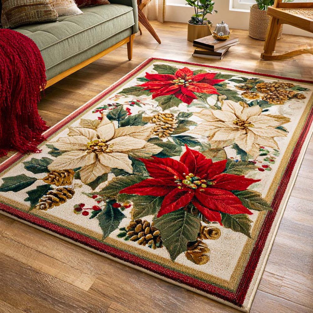 Holiday Blooms Floral Rug – Festive Seasonal Area Rug With Vibrant Poinsettia & Bloom Design, Soft Pile And Easy-Care Fibers For Family Rooms