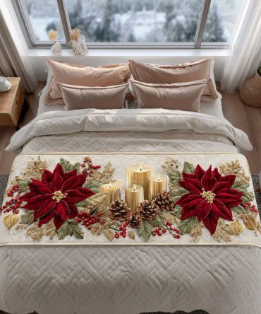 Holiday Blossom Quilted Bed Runner — Festive Floral Decorative Throw For Seasonal Bedrooms & Living Rooms, Elegant Quilted Accent, Fits Most Beds