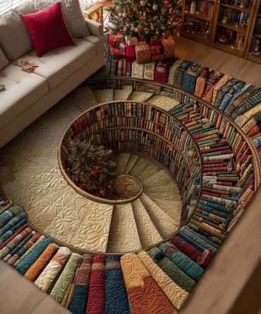 Holiday Bookshelf Decorative Rug – Unique Literary Area Rug With Festive Spine Print, Low-Pile Durable Construction For Study & Living Spaces