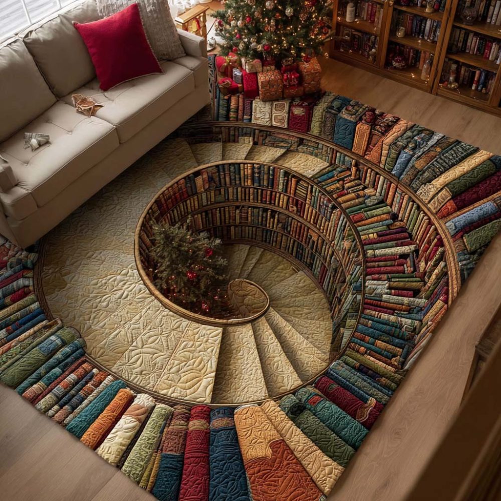 Holiday Bookshelf Decorative Rug – Unique Literary Area Rug With Festive Spine Print, Low-Pile Durable Construction For Study & Living Spaces