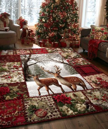 Holiday Deer Wonderland Rug – Enchanting Festive Area Rug With Majestic Deer And Winter Scene, Soft Plush Pile And Stain-Resistant Backing