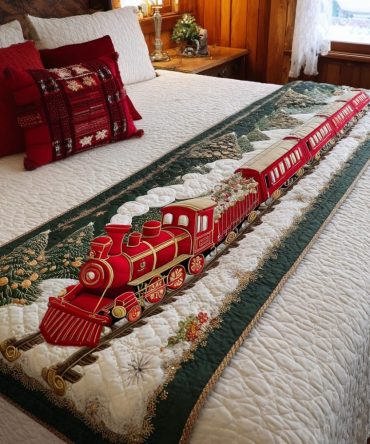 Holiday Express Quilted Bed Runner — Festive Red & Green Decorative Throw For Queen & King Beds, Reversible Seasonal Accent