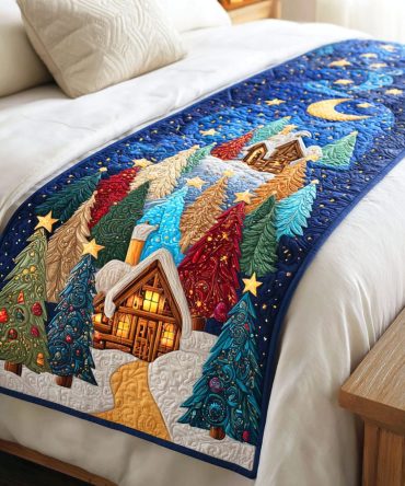 Holiday Fir Quilted Bed Runner — Classic Fir Tree Holiday Bed Scarf, Quilted Seasonal Accent For Festive Bedroom Styling