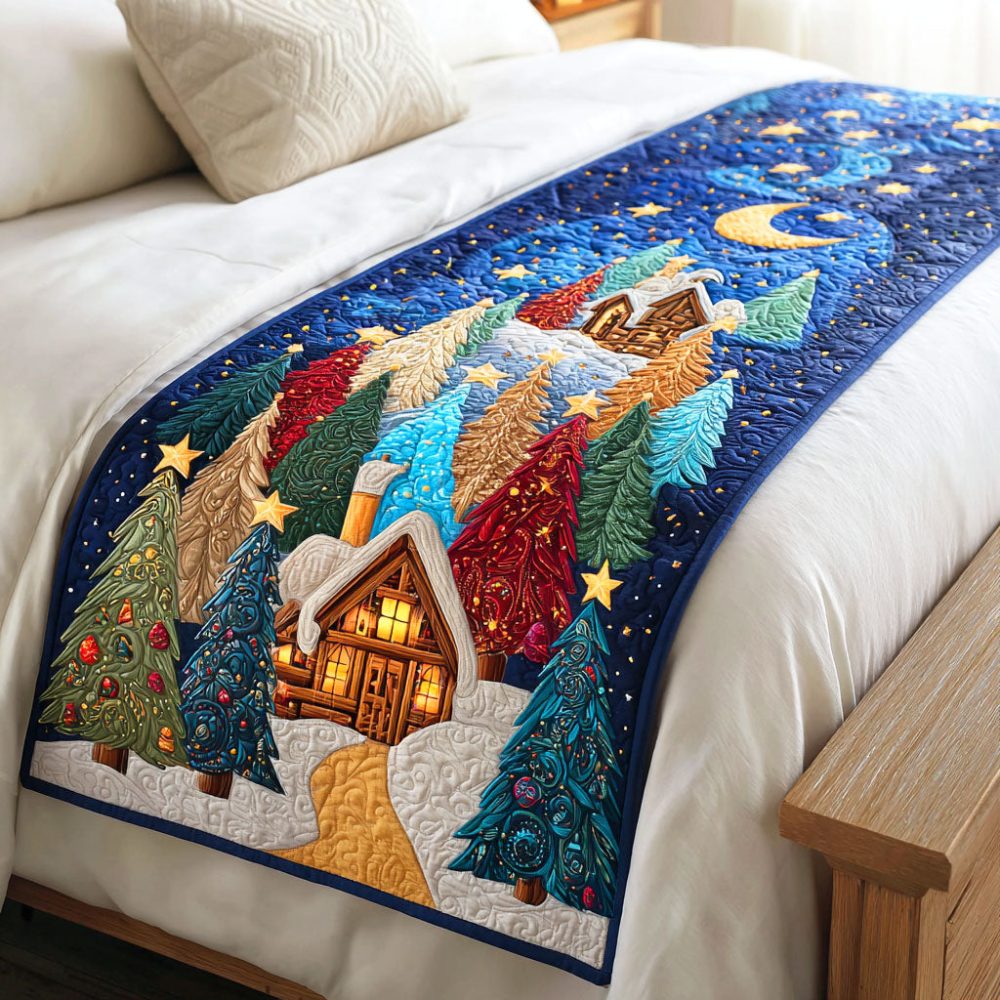 Holiday Fir Quilted Bed Runner — Classic Fir Tree Holiday Bed Scarf, Quilted Seasonal Accent For Festive Bedroom Styling