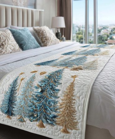 Holiday Forest Quilted Bed Runner - Festive Woodland Bedding Accent With Pine & Fir Motifs, Decorative Throw To Transform Bedrooms For The Season
