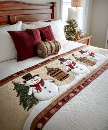 Holiday Frost Quilted Bed Runner — Icy Winter Motif Bed Scarf For Seasonal Décor, Quilted Cool-Tone Accent For Bedrooms