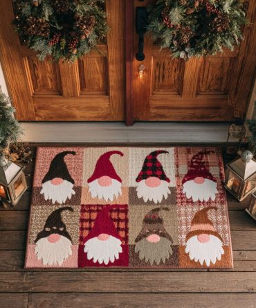 Row Of Holiday Gnomes Doormat — Cheerful Christmas Welcome Mat, Durable Coir Front Door Rug For Seasonal Porch & Gift Giving