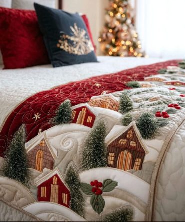 Holiday Homestead Quilted Bed Scarf — Cozy Country Christmas Runner, Reversible Quilted Bedding Accent For Farmhouse & Rustic Decor