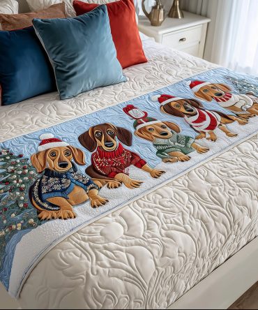 Holiday Hound Quilted Bed Runner — Festive Dog Pattern Bed Scarf, Seasonal Holiday Bedroom Accent, Soft Quilted Comfort