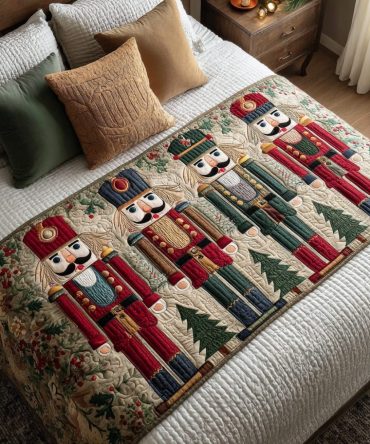 Holiday Parade Quilted Bed Runner - Classic Christmas Bed Scarf With Festive Characters, Premium Quilting, Reversible & Durable