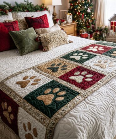 Holiday Pawlane Quilted Bed Runner — Festive Pawprint & Plaid Bedding Accent To Instantly Upgrade Christmas Bedrooms & Guest Spaces