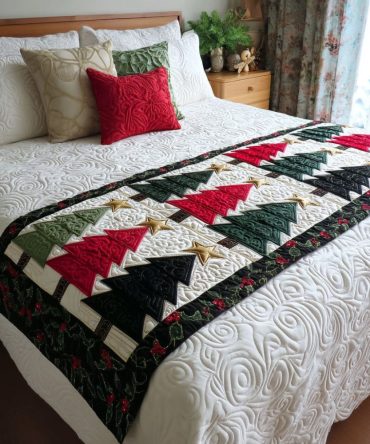 Holiday Peaks Quilted Bed Runner - Festive Mountain & Pine Motif In Evergreen And Ivory, Quilted Holiday Bedding Accent, Soft Cotton Blend