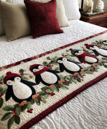 Holiday Penguins Quilted Bed Runner — Cute Penguin-Themed Bed Scarf For Festive Kids’ Rooms, Quilted Winter Bedding Accent