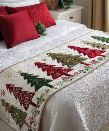 Holiday Pine Parade Quilted Bed Scarf — Evergreen & Pinecone Christmas Runner, Reversible Quilted Bedding Accent For Rustic Holiday Style