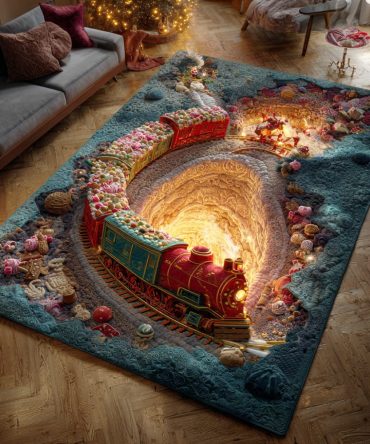 Holiday Rail Spirit Area Rug – Nostalgic Train & Rail Holiday Accent Rug, Plush Pile, Durable Non-Skid Backing For Family Rooms