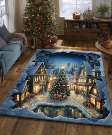 Christmas Town Square Area Rug — Scenic Holiday Village Accent Rug For Living Room, Durable Low-Pile, Non-Slip, Cozy Seasonal Decor