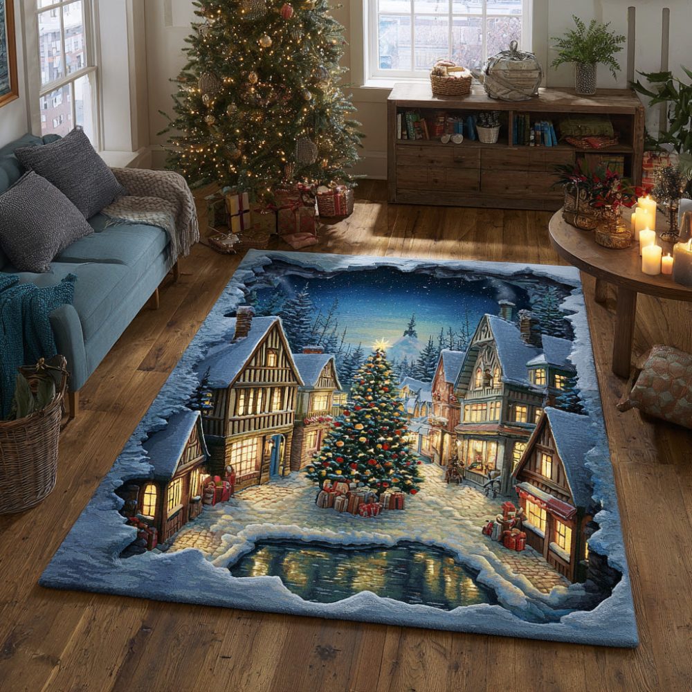 Christmas Town Square Area Rug — Scenic Holiday Village Accent Rug For Living Room, Durable Low-Pile, Non-Slip, Cozy Seasonal Decor