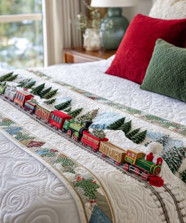 Festive Holiday Train Quilted Bed Runner — Charming Christmas Bed Scarf For Queen/King, Quilted Decorative Accent, Reversible