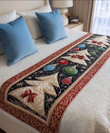 Holiday Trees Quilted Bed Runner — Cozy Christmas Bed Scarf With Tree Motif, Quilted Accent For Festive Bedroom Makeover, Washable
