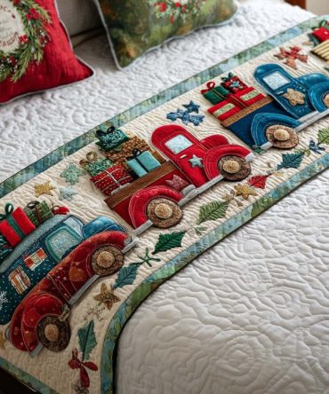 Holiday Trucks Quilted Bed Runner — Charming Vintage Truck Holiday Bed Scarf, Seasonal Bedding Accent For Festive Bedrooms