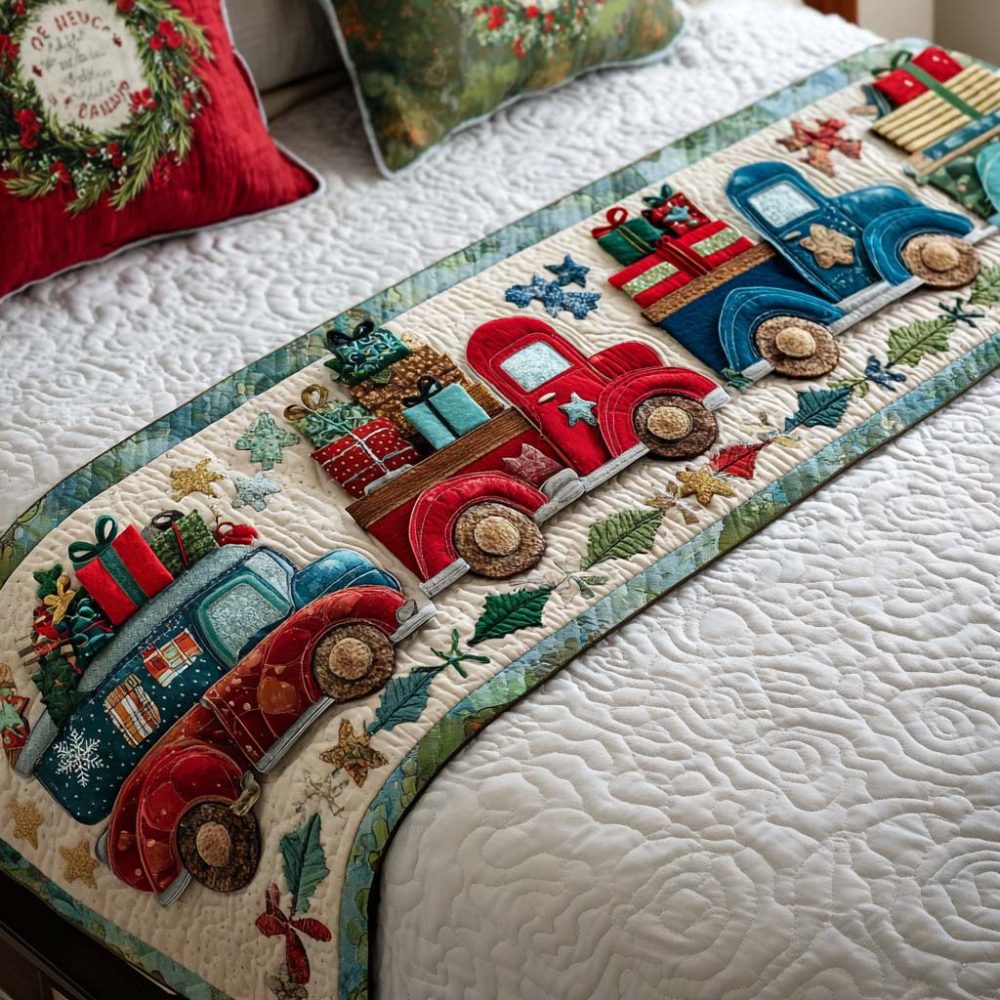 Holiday Trucks Quilted Bed Runner — Charming Vintage Truck Holiday Bed Scarf, Seasonal Bedding Accent For Festive Bedrooms
